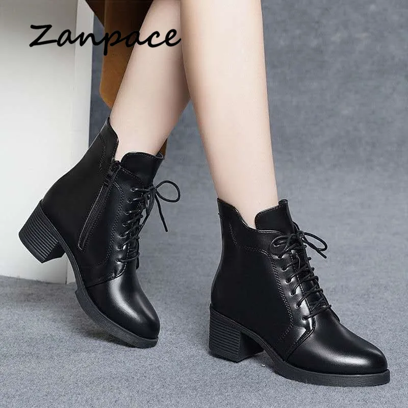 ZANPACE 2021 New Winter Boots Women Lace-Up Keep Warm Fur Women\'s Autumn Shoes Leather High Heel Pointed Toe Women\'s Ankle Boots