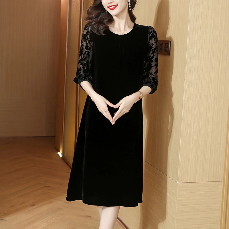 2023 Spring and Autumn Silk Velvet Dress Women\'s Celebrity Loose Large Size Hollow out Velvet Black Slim Knee Long Dress Robe