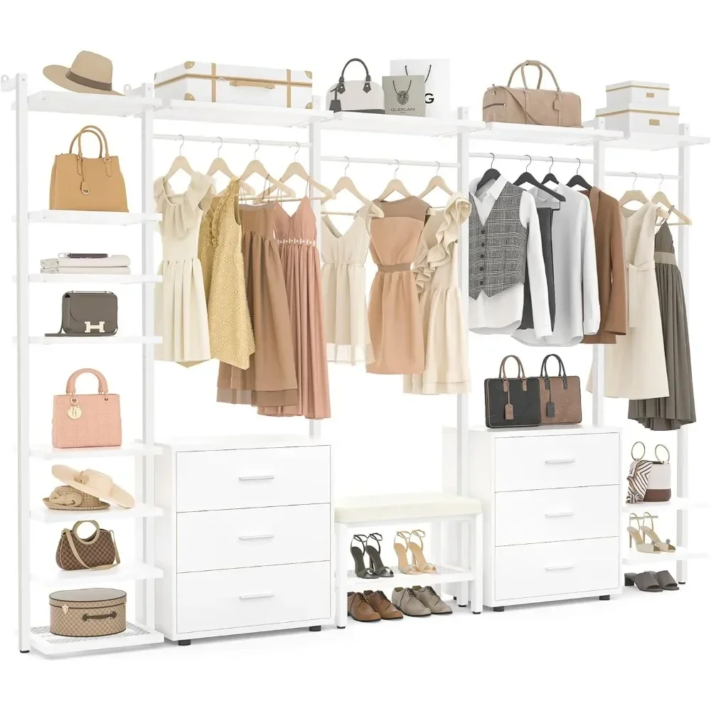 8FT Closet Organizer Systems with 6-Drawers, 96'' Wood Closet Organizer with Storage for Walk In Closets, Clothing Rack