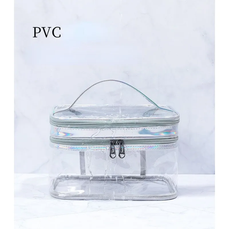 Double layer transparent makeup bag for women, PVC large capacity travel girl portable waterproof washing and care storage bag