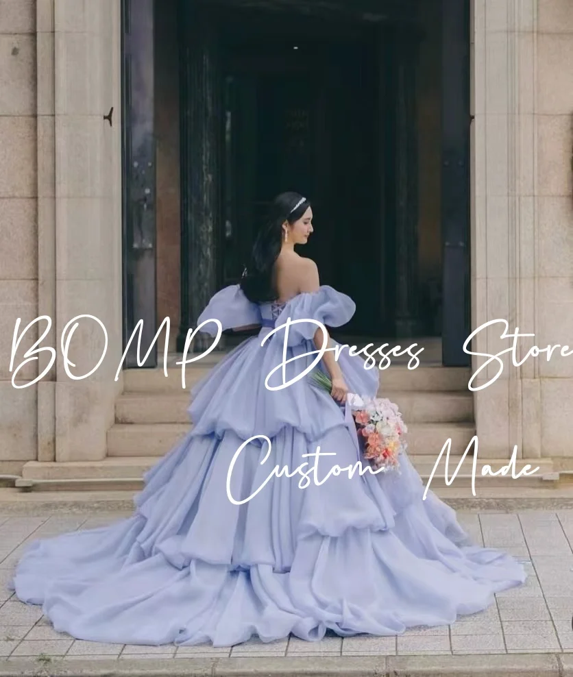 BOMP 프린세스 블루 웨딩 드레스 오프 숄더 다층 스윕 트레인 드레이프 Organza 한국 사진 촬영 신부 가운 맞춤형