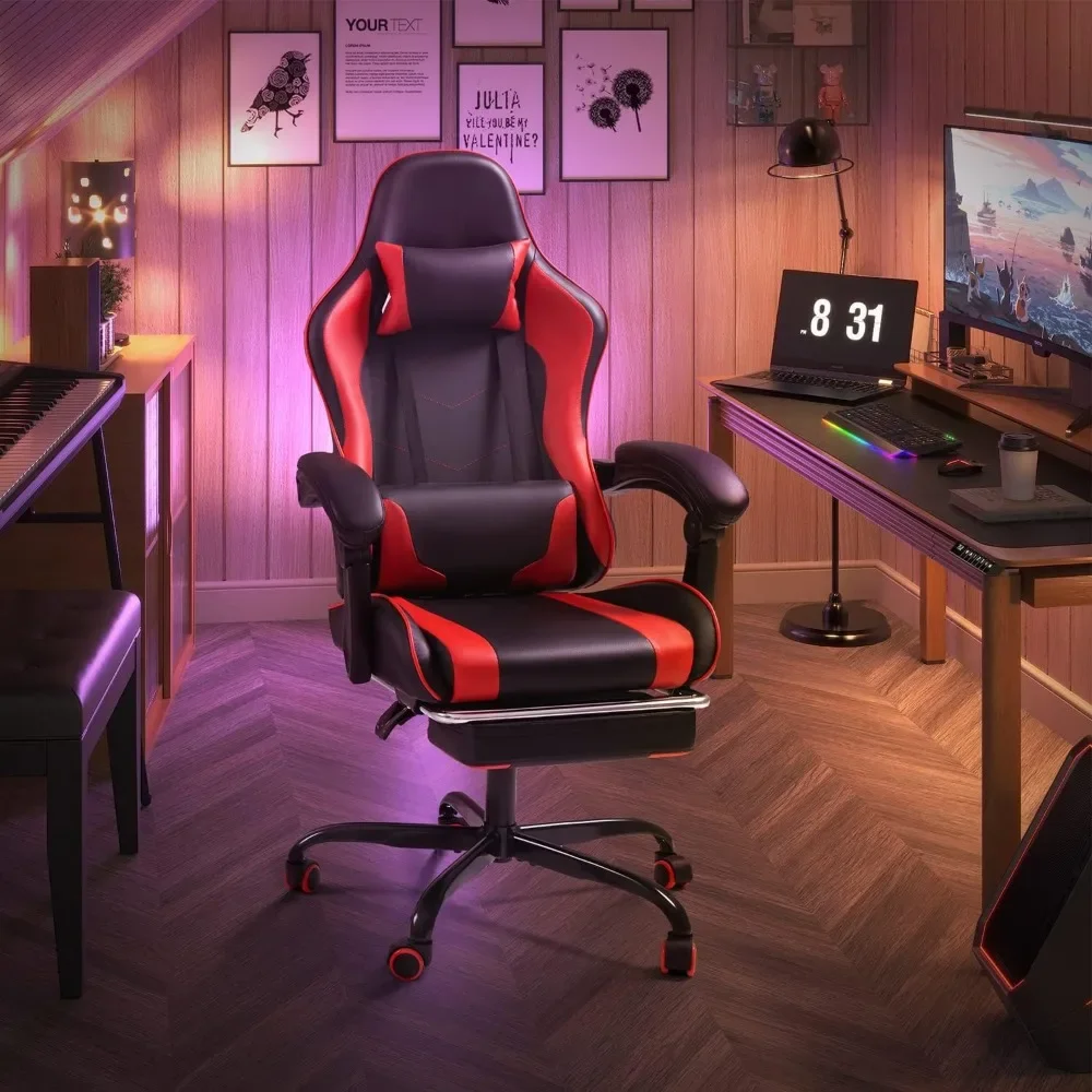 Gaming Chair with Footrest and Massage Lumbar Support with 360°Swivel and Headrest for Office or Bedroom