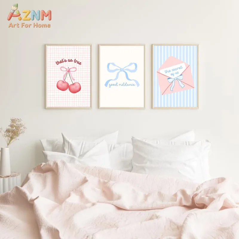 AZNM Coquette Aesthetic Cherry Bow Canvas Wall Art, Retro Disco Ball Telephone Print Poster, Unframed Pink Preppy Y2K Illustrati