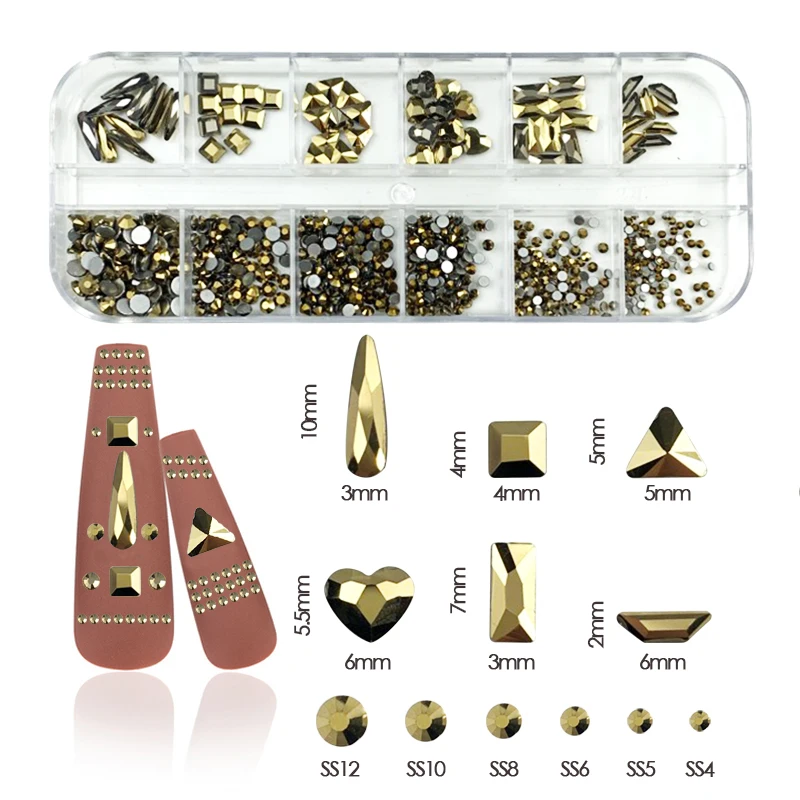 

SS4-SS16 Crystals Luxury Diamond Nail Jewelry 3D Mixed-Shape Glitter Crystal Nail Rhinestone 1 Box Flat-back Gold Manicure Stone