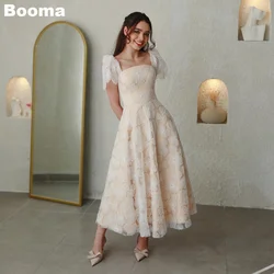 Booma Elegant A-Line Midi Wedding Party Dresses Square Collar Beading FLowers Short Sleeves Brides Evening Dress Customized