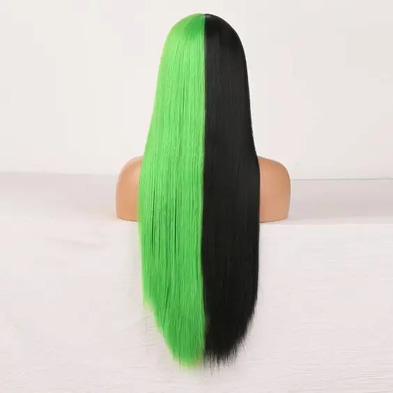 Long Straight Half Green Half Black Lace Front Wig Synthetic Fibe Heat Safe Wigs