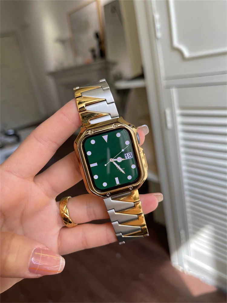 الفاخرة حزام (Band) ساعة ل أبل ساعة 7 41 مللي متر 45 مللي متر المرأة رجل الفولاذ المقاوم للصدأ سوار ل iWatch SE 6 5 4 3 2 1 44 40 42 38 مللي متر حزام