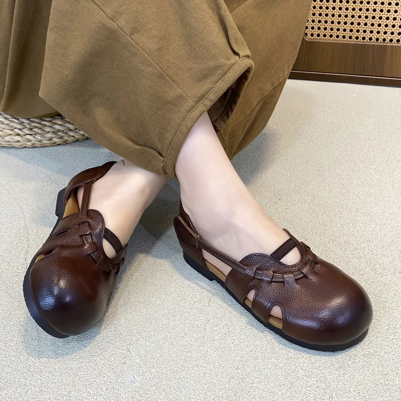 

Literary and retro round head flat-soled soft-soled sandals New hollow leather Roman cowhide shoes