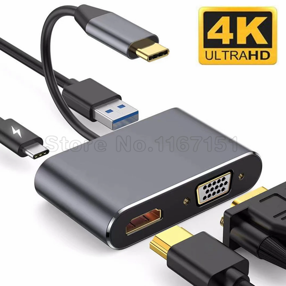 10pcs USB C Hub 4 in 1 Type C 3.0 Adapter to 4K HDTV VGA USB 3.0 PD Fast Charge Splitter for MacBook Notebook Laptop Computer