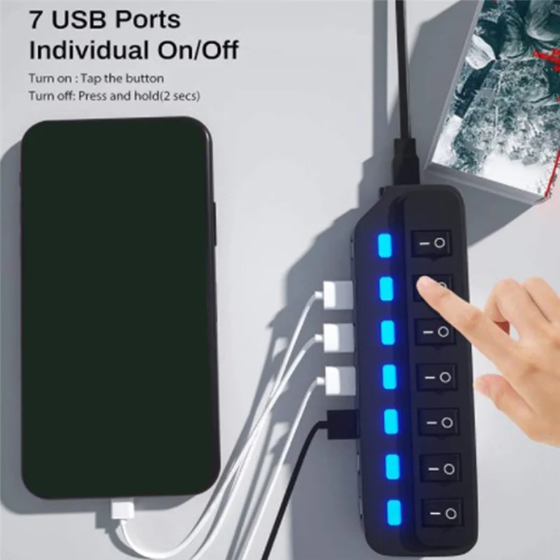 USB Hub 2.0 USB Splitter Multi Hub محول USB متعدد المنافذ محول الطاقة مع ملحقات التبديل للكمبيوتر المحمول، أبيض