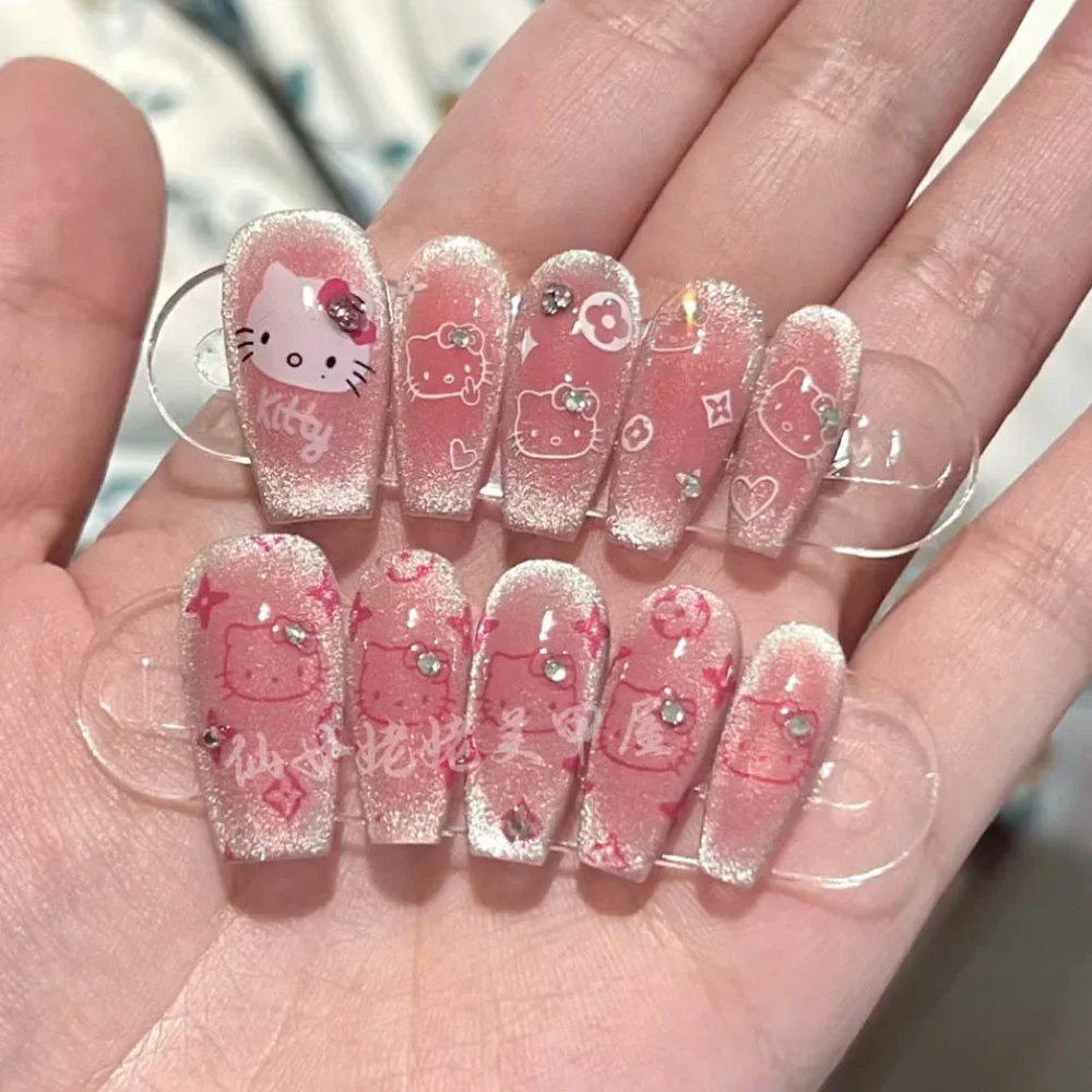 Sanrio Cartoon Hello Kitty Wear nails Reused Y2K Pink Halo Dyed Shiny Cat Eyes Nail Patch Cute Wemen Pure Handmade Wearing Nail