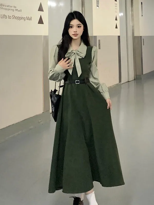 

plus Size Women's Vintage een Striped Patchwork Dr Autumn New High Waist Corduroy Long Skirt Slim Fit College Sle Long...