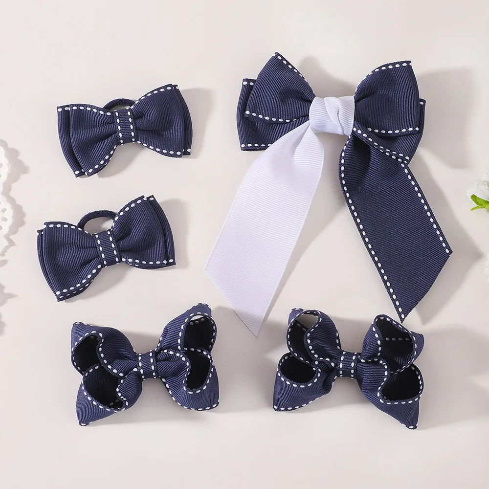 JOLLYPASS 1/2pcs Navy Blue Bow Hairclip Hair Rope Combination Set High Quality Ribbon Hair Accessories Girls' School Headwear - view 2