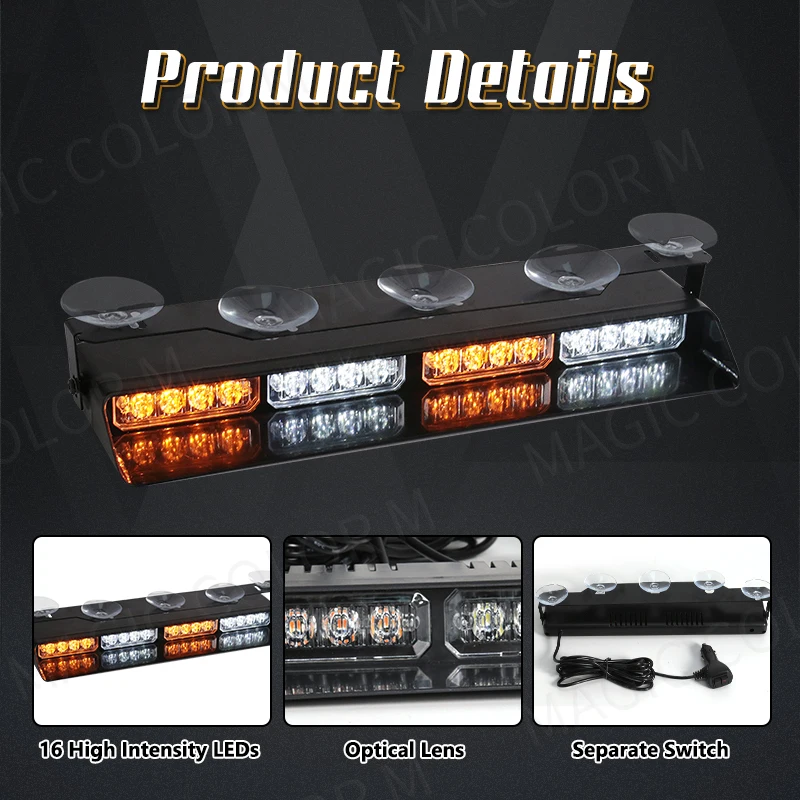 16 LED Car Strobe Warning Light Assembly Front Windshield Emergency Lamp Yellow White Red Blue For Vehicles Trucks Waterproof