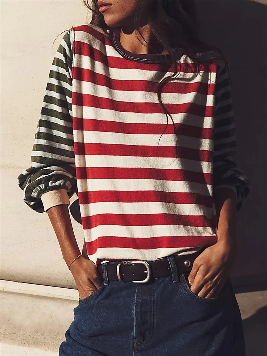 Minister z nadrukiem w paski - Rękaw Okrągły dekolt Kontrastowy kolor Emanating T-Shirty Wiosna Jesień Zestaw dzikich długich rękawów