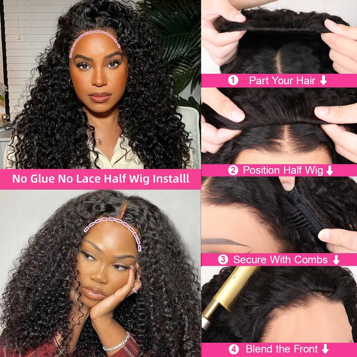 30 Inch Highlight Burmese Curly Half Wig Human Hair Wear and Go Wigs P4/27 Omber Brown to Honey Blonde 3-in-1 Machine Curly Wig For Women