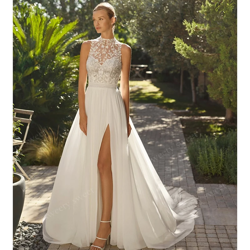 Bohemian Wedding Dress Chiffon With Lace Slit A Line Beach Ball Gown High-Neck Sleeveless Customized Backless Vestido De Novia ﻿
