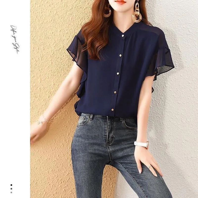 Elegant Solid Color Loose Single-breasted Blouse Women Classic Short Sleeve Summer O-collar Office All-match Lady Chiffon Shirt