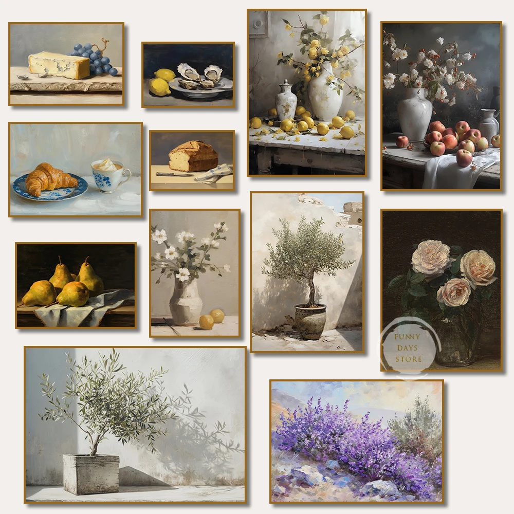 Still Life Roses Olive Tree Oyster Pear Bread Apple Lemon Canvas Painting Print Botanical Art Poster Wall Picture Home Decor