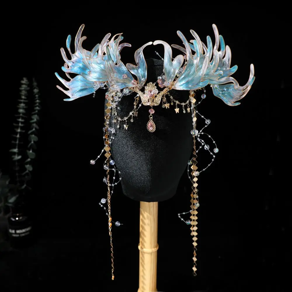 Hair Crown Tassel Super Fairy Headdress Hairpin Hair Ornament Hanfu Mermaid Hairpin Blue Antique Forehead Ornament Advanced Sens