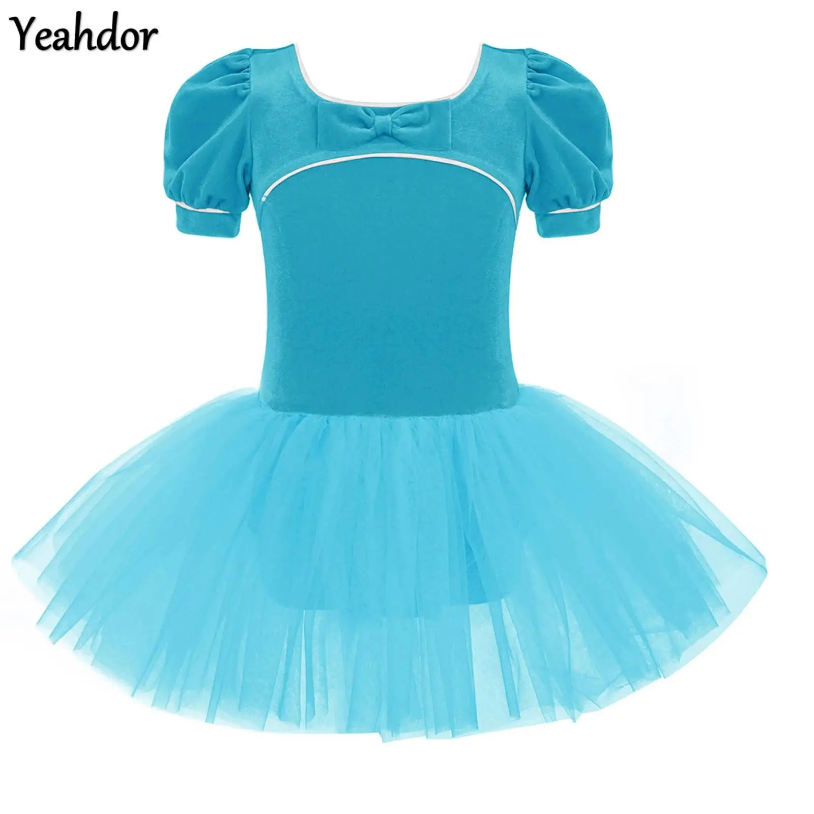 Kids Girls Ballet Tutu Dresses Bowknot Puff Sleeves Ballerina Velvet Tulle Dress Gymnastics Leotard Princess Party Dance Dress
