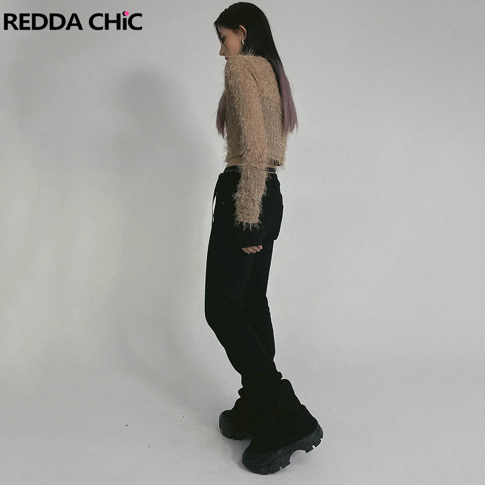 ReddaChic 無地ブラック スタックドジーンズ レディース ストレッチ スリムフィット フレア ブーツカットパンツ グランジ Y2K ラッフルヘム ハイウエスト デニム トラウザーズ