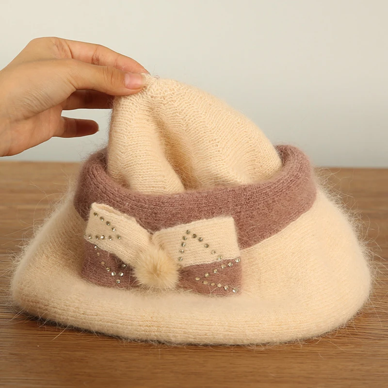 Beret Women Winter Angora Knit Hat Double Layers Rhinestone Warm Soft Accessory For Autumn Outdoors Sports Cold Weather