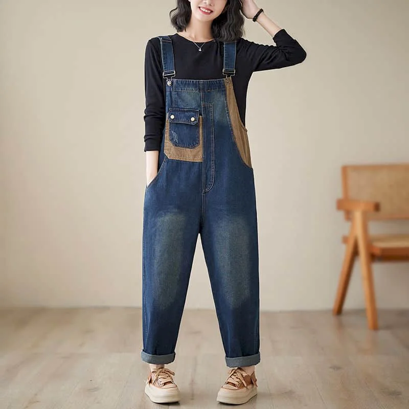 Denim Jumpsuits for Women Korean Style Rompers Solid Casual Vintage Playsuit Straight Harem Pants Patchwork Design Women Clothes