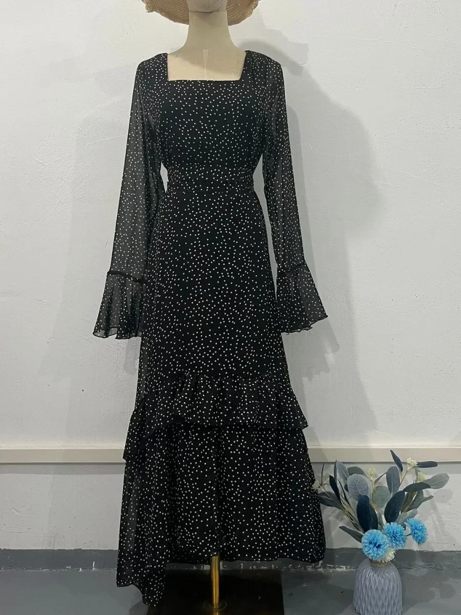 

Eid Muslim Party Dress Women Polka Dot Ramadan Chiffon Long Dress Belt Morocco Kaftan Vestidos Largos Dubai Robe Jalabiya 2025