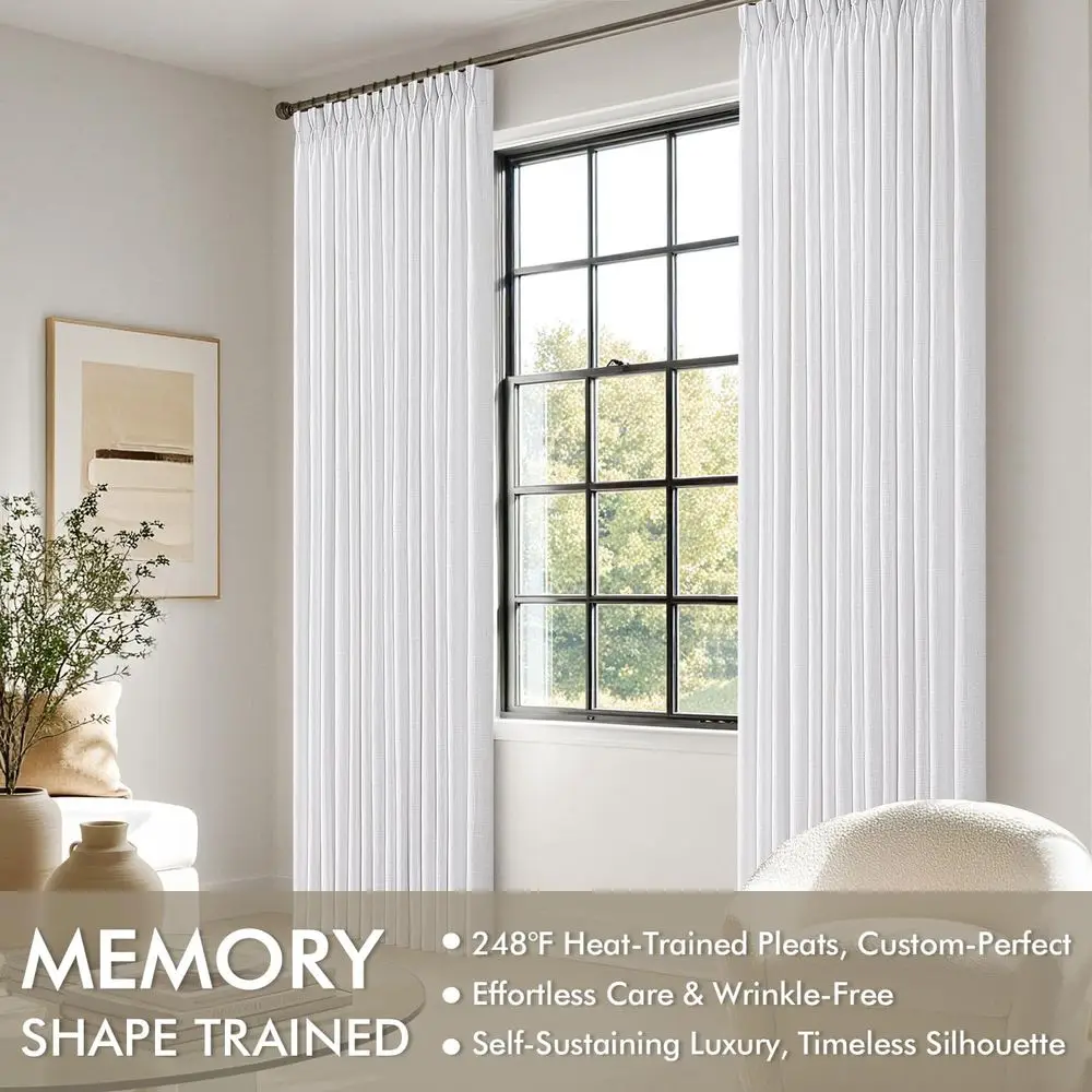 White Linen Pinch Pleat Drapes, 84 Long, 2-Panel Set, Memory Fabric, Light Filtering for Living Spaces