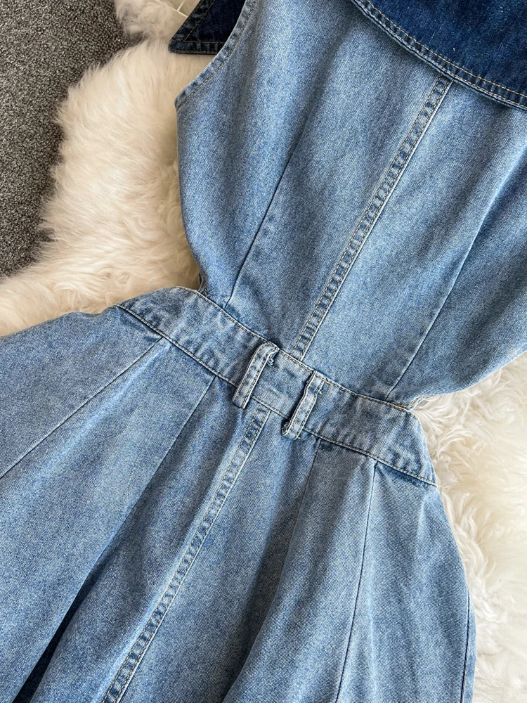 Dżinsowa długa sukienka z wycięciem w talii sukienki bez rękawów dla kobiet lato wyszczuplający temperament dekolt w serek rozcięcie Denim Vestidos