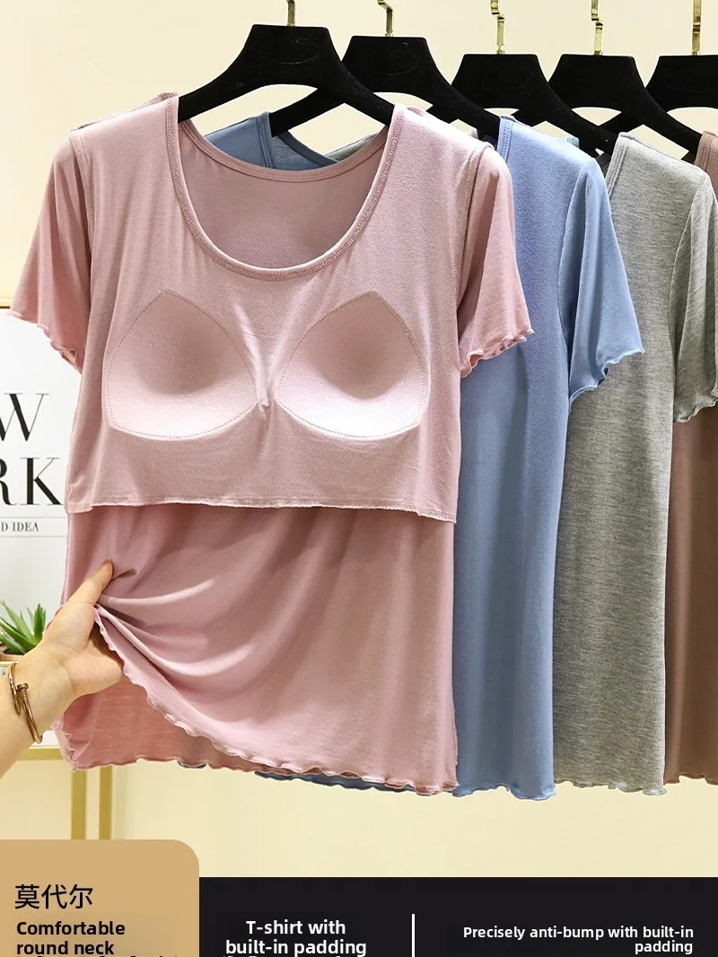 Modal No-Wire Bralette Top Short Sleeve Women's Summer Casual Wear Pure Color Base Layer Outdoor Wearable Loose Fit round Neck