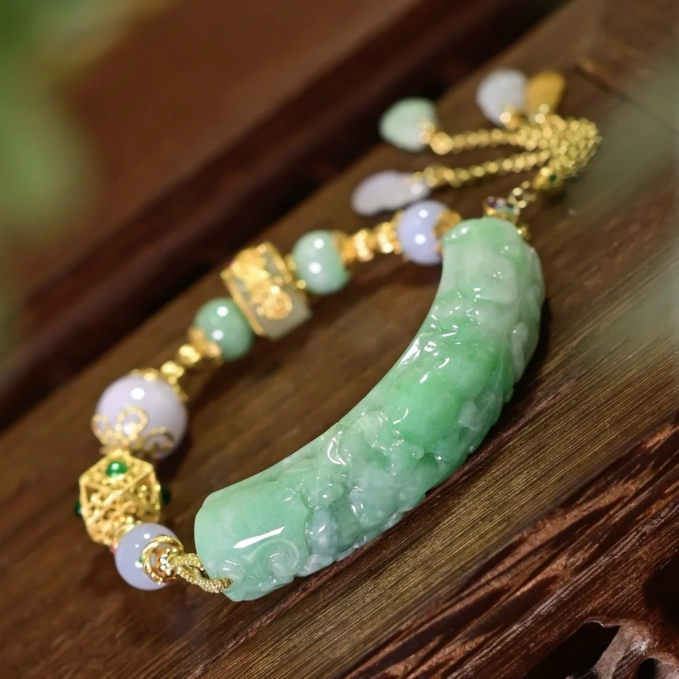 Natural Grade-A Carved Fruit Green Jadeite Bangle, Purple Lavender with Removable Fortune Gourd Tassel, Versatile Chinese Style