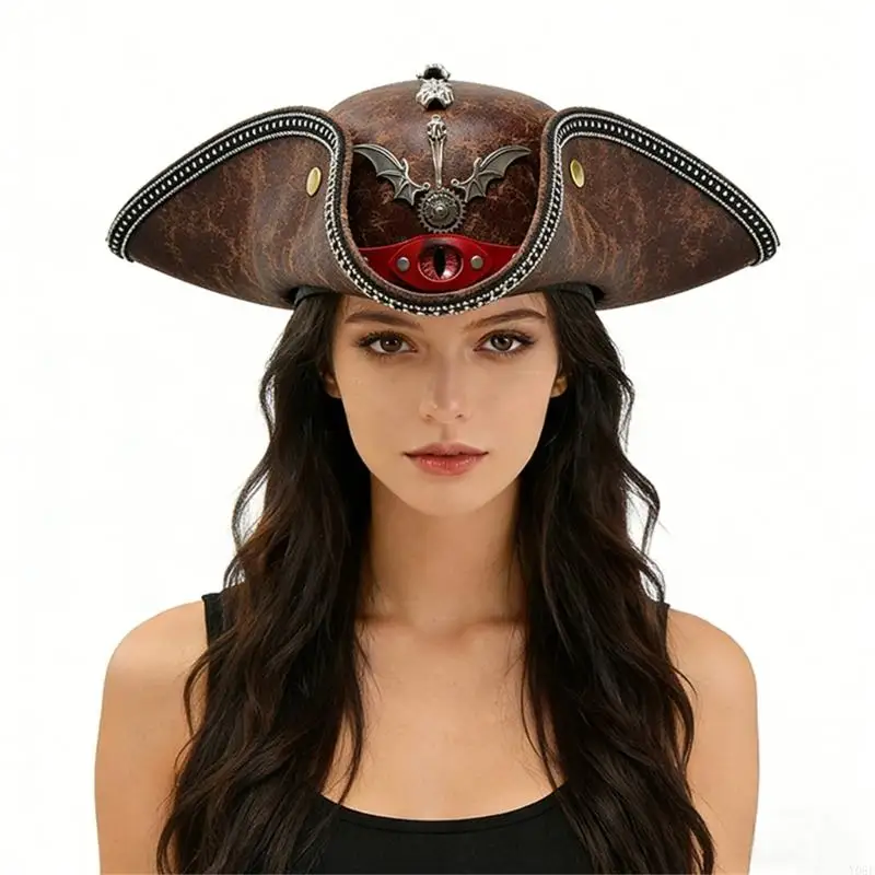 Devil Eye Schwarzer Piratenhut mit Metallverzierungen, perfekt für Halloween-Rollenspiele und Themenveranstaltungen Y08E – Detail 7