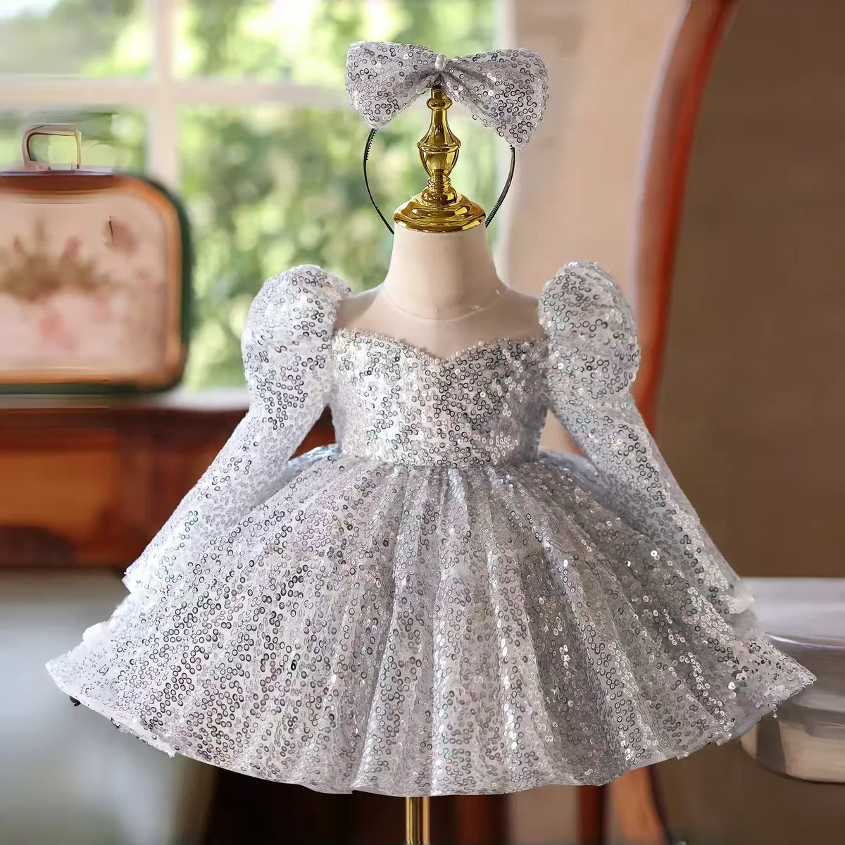 Dromerige gelofte D185 Sparkly bloemenmeisjesjurk met lange mouwen prinses kinderen bruiloft verjaardag festival feest knielengte formele jurk