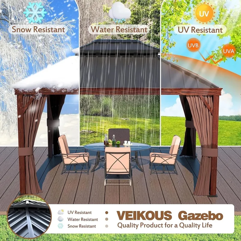 

10' x 12' Outdoor Aluminum Wood Grain Gazebo with Double Roof and Sidewalls, Permanent Pergola for Garden and Patio use