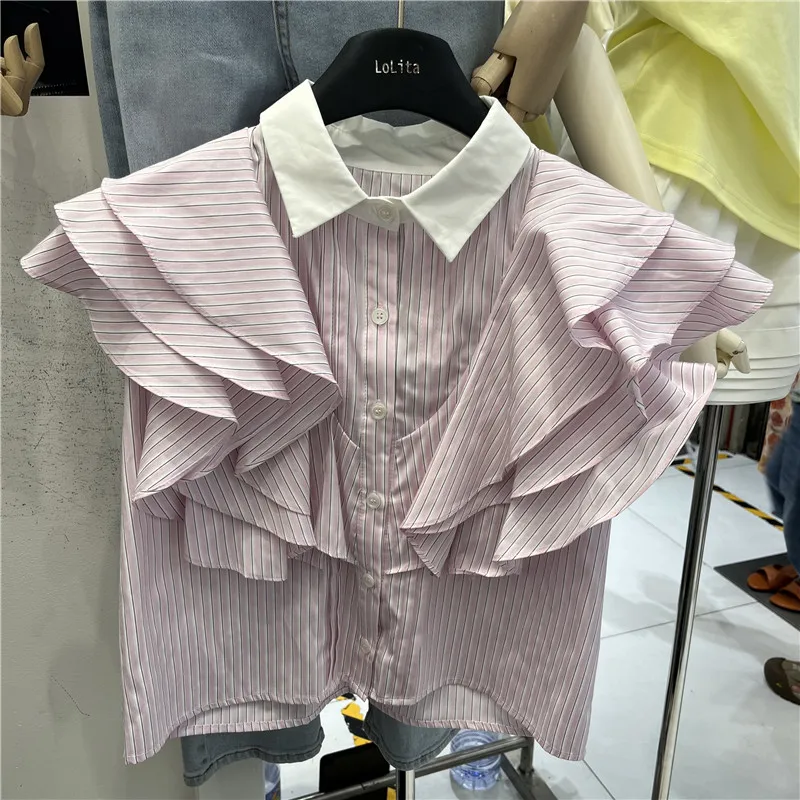 

Summer New Style Women's Sleeveless Shirt Turn-down Collar Multi-layer Ruffle Straight-cut Versatile Top Korean Version