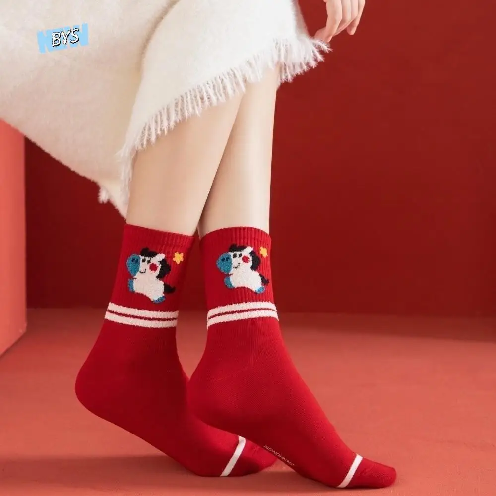 

Festive Socks Elastic New Year Socks Horse Pattern Comfortable Year of The Horse Socks Soft Red Cotton Socks Casual Use