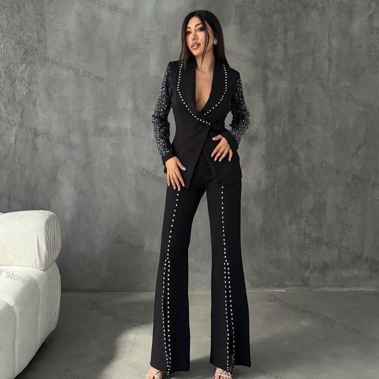 Crystals Black Women Suits Pants Set 2 Piece Blazer+Split Trousers Wedding Tuxedo Tailored Size Formal Office Prom Jacket Coat