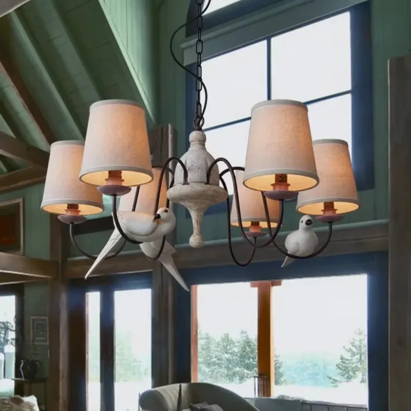 Designer lights, creative American country retro living room dining room lamps cafe three birds six chandeliers view 2