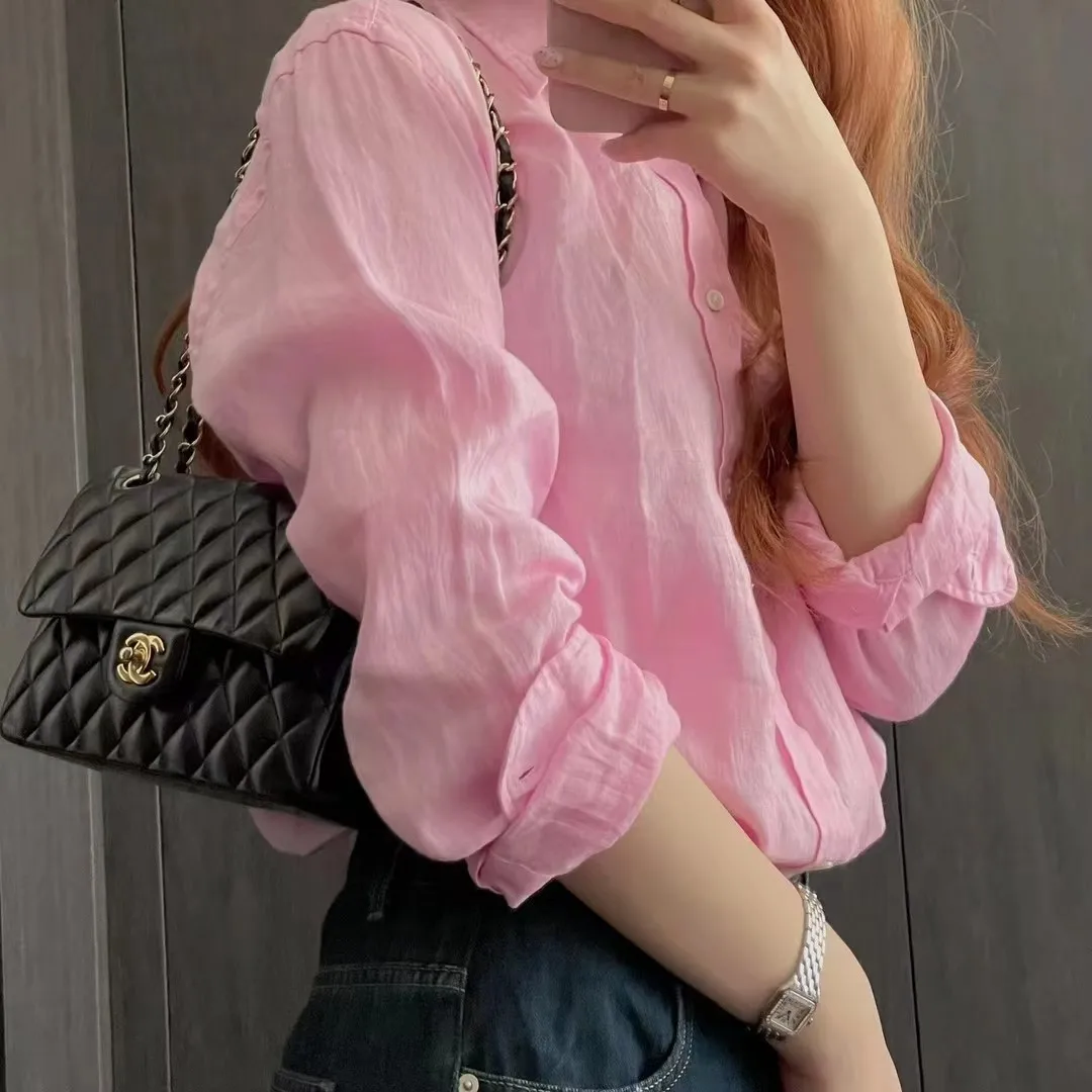 자수 폴로 칼라 린넨 셔츠 여성 2025 여름 신작 선 스크린 루즈한 긴팔 셔츠