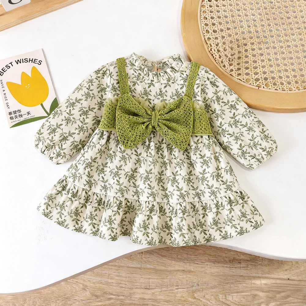 

Baby Girl Dresses Spring/Fall Floral Print Long-Sleeve Girls Dresses Adorable Bow Baby Dresses Baby Girl Clothes