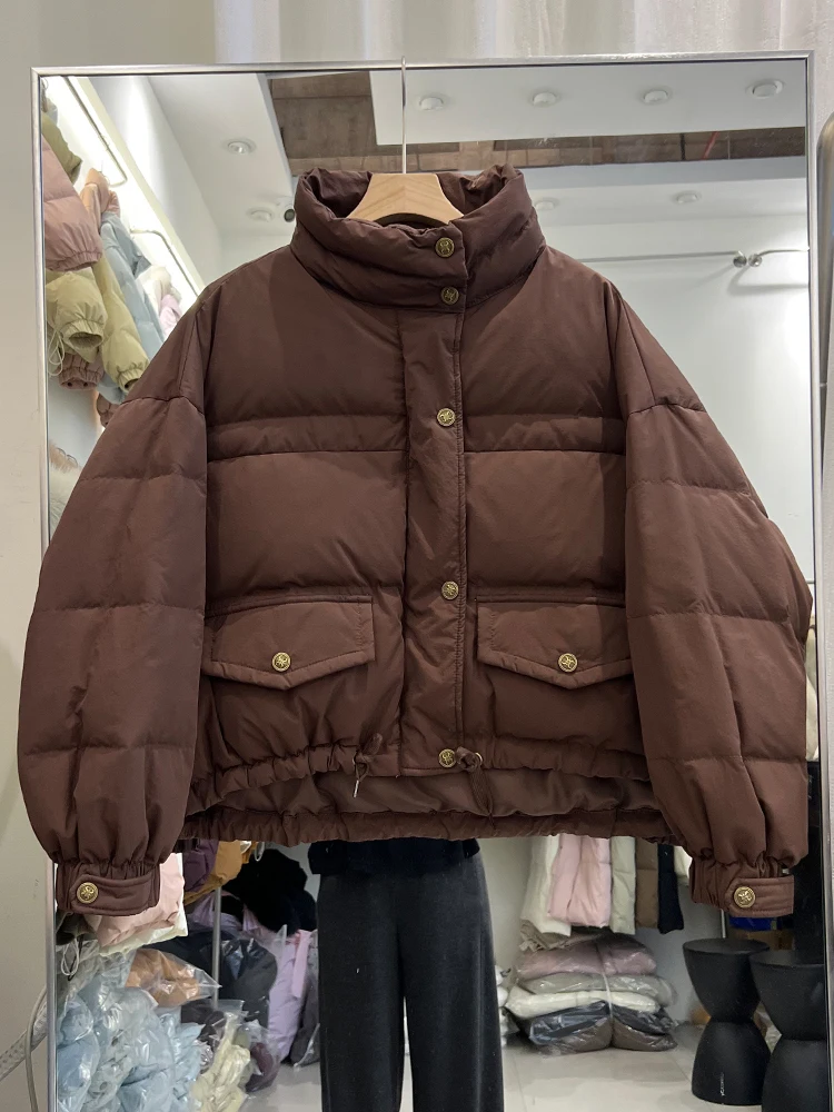 冬の韓国風新作ショート丈スタンドカラーパンダウンジャケット レディース ゆったり 厚手 暖かい ホワイトダックダウンジャケット