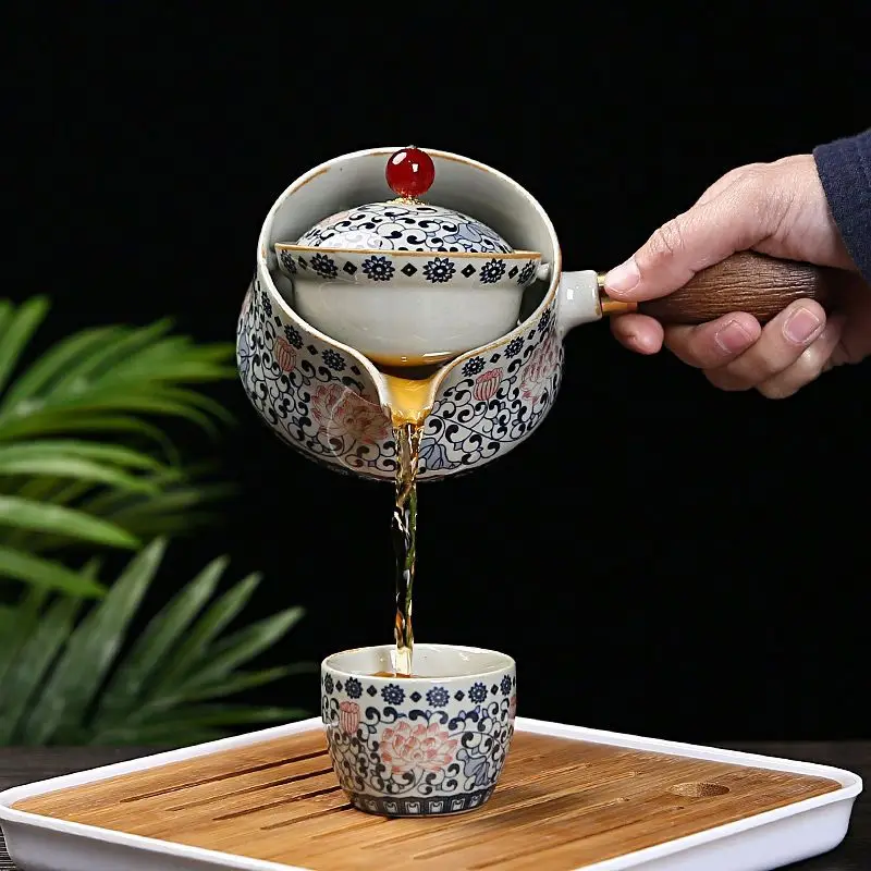 4Pcs Semi-Auto Rotating Gongfu Tea Set Anti-Scald Ceramic Side Handle Teapot Kit Portable Travel Gift Box for Office Home