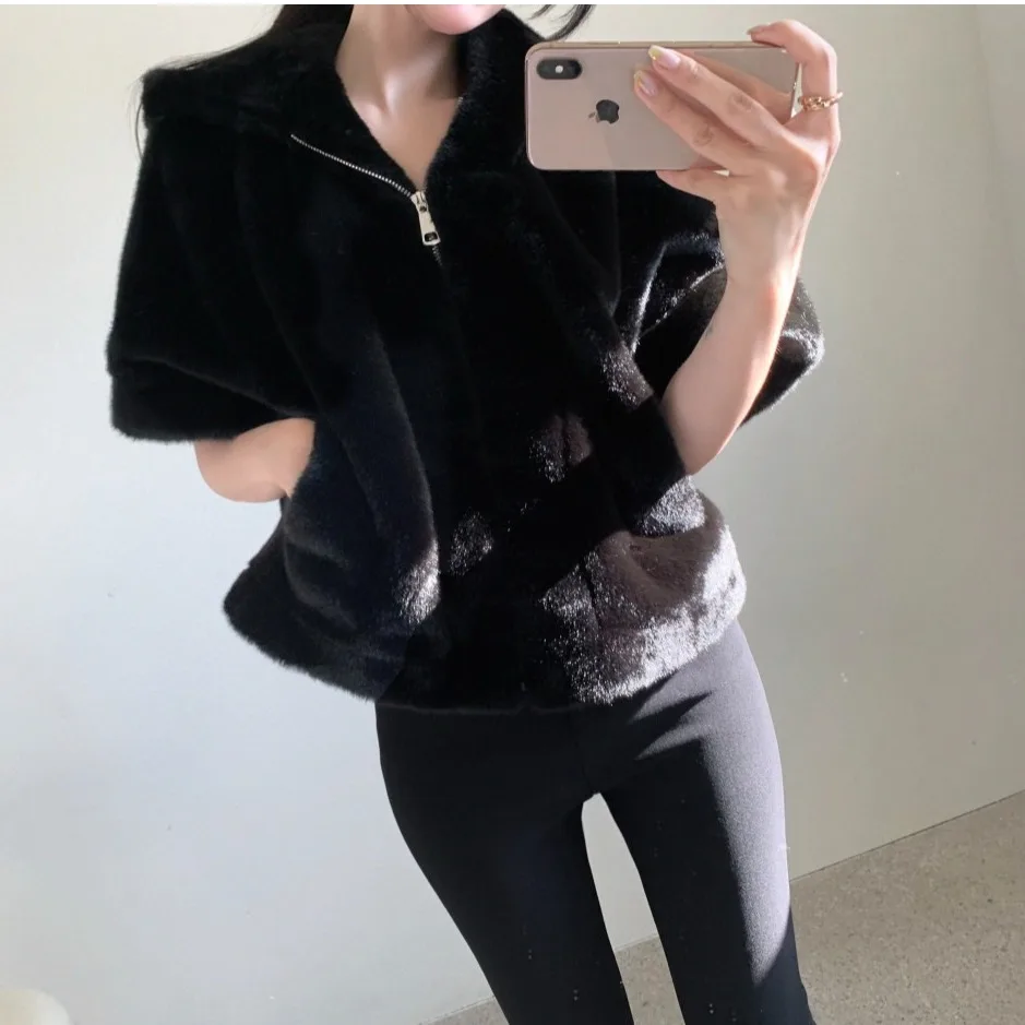 Chic Vintage con capucha piel de visón Jaet suelta versátil Plu prendas de vestir exteriores para mujeres Otoño Invierno nueva llegada fibra de poliéster