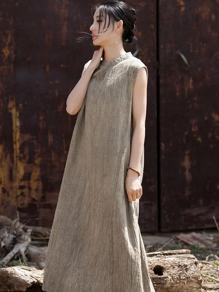 Abito casual in lino di cotone stile cinese donna nuovo arrivo 2025 abiti lunghi a trapezio femminili larghi con colletto alla coreana vintage estivo