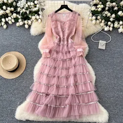 Women's Square Collar Sweet Pink Beading Embroidery Sequins Mesh Multilayer Cake Dress Casual Lady Sequined Lace A-Line Vestido