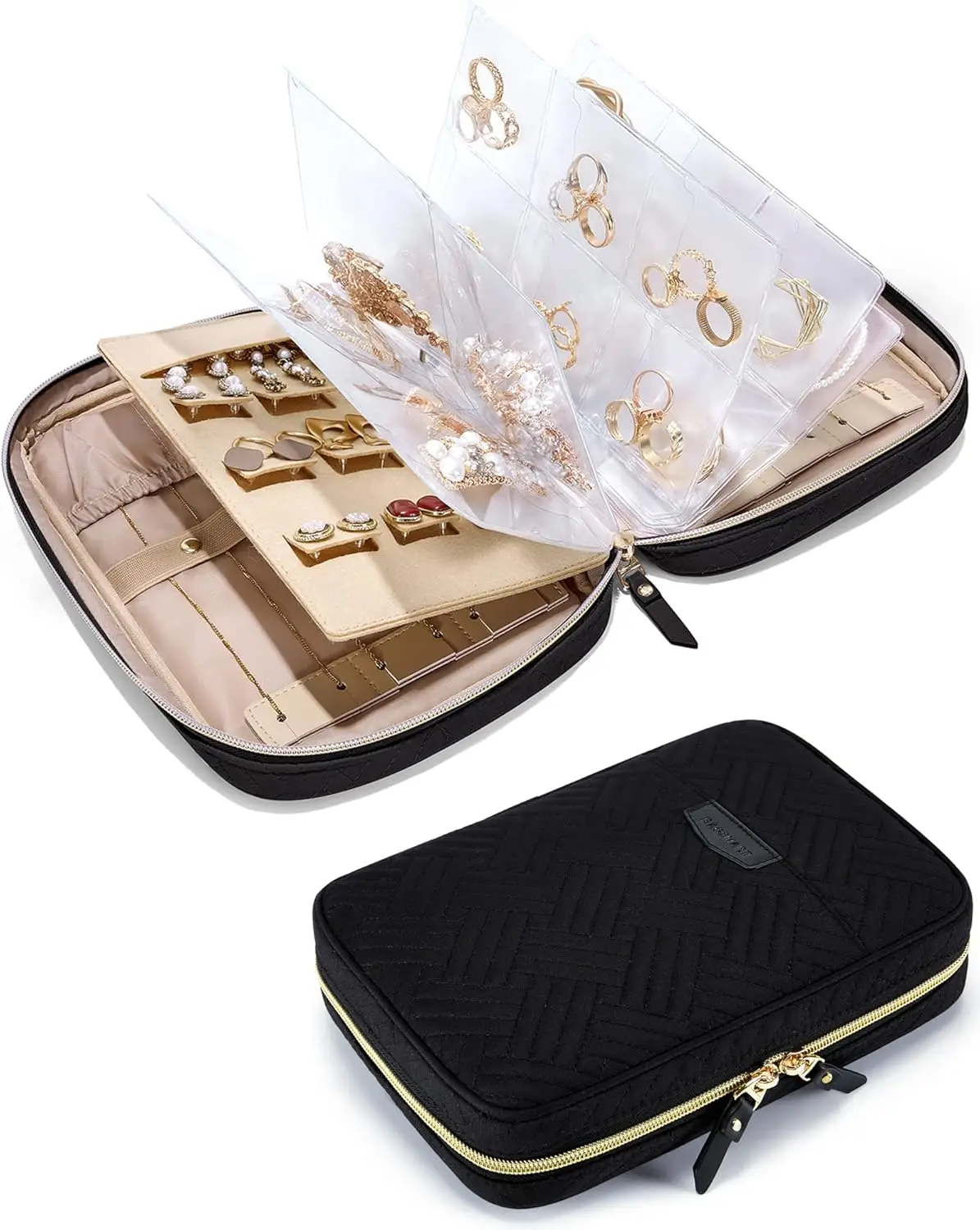 

Jewelry Travel Organizer Case, Clear Zipper Pouch for Rings, Earrings, Necklaces, Bracelets - Black