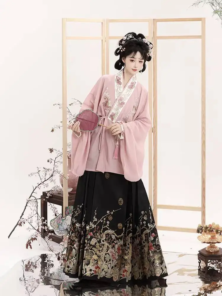 Spring And Summer Hanfu Mamian Skirt Ming-style Embroidered Cross-wear Pleated Skirt Traditional Chinese Dress For Festival