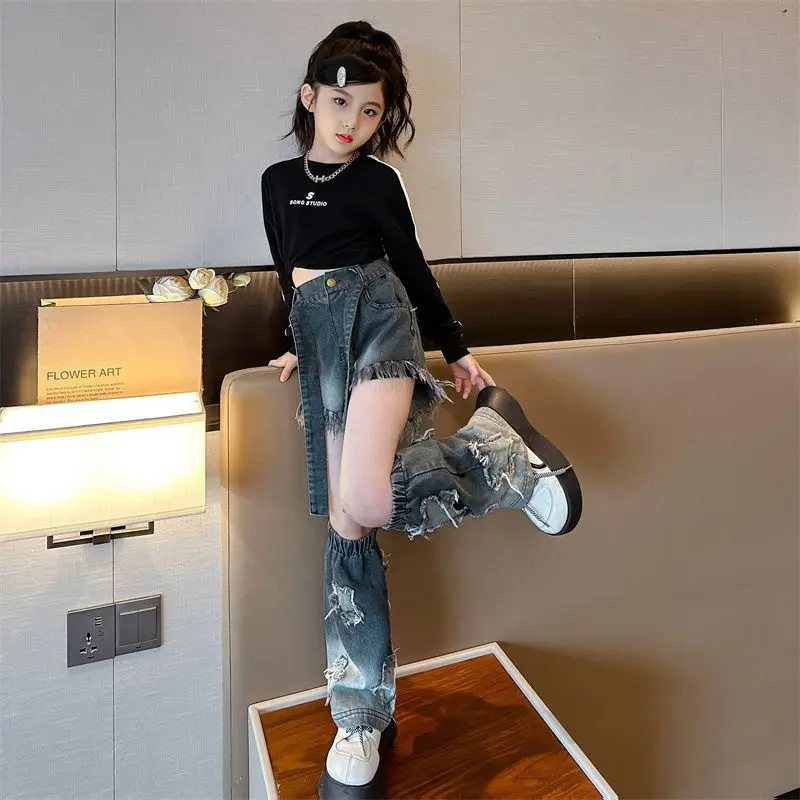 Hip Hop Girls Crop Top Street Dance Jeans Pants Child Sweatshirt Two Sections Shorts Streetwear Clothes Sets Kids Jazz Costumes